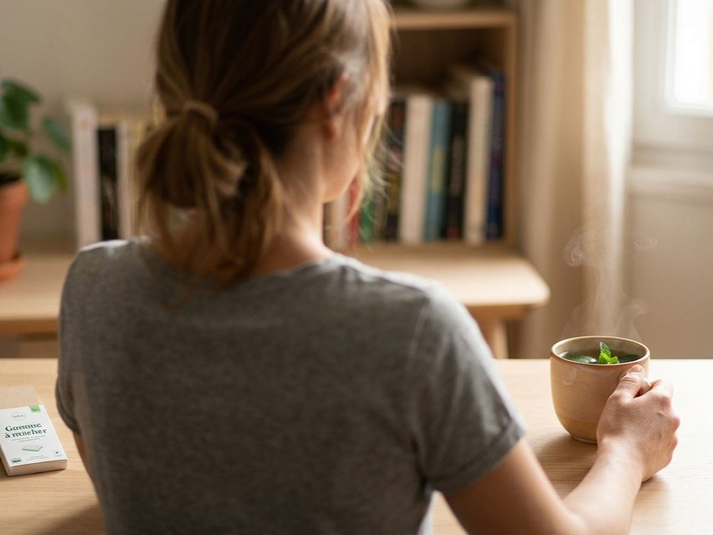 Une femme dans son bureau choisit une tasse de tisane à la menthe à côté de son paquet de gommes à mâcher.