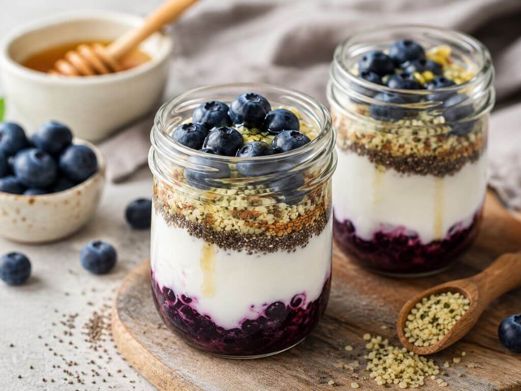 Parfait de yogourt aux bleuets, chia, chanvre et caméline