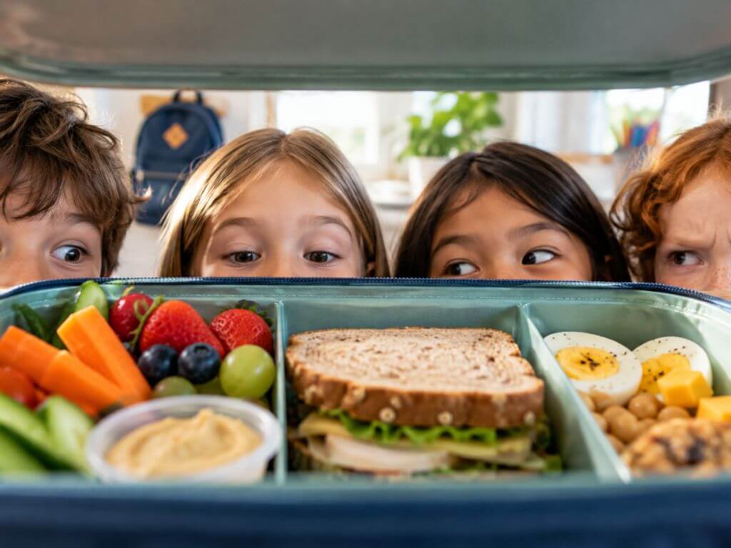 Boîte à lunch équilibrée pour enfants avec fruits, légumes, grains entiers et aliments protéinés