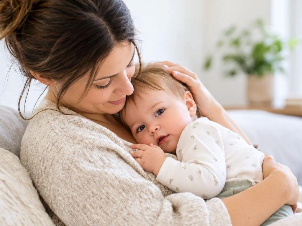 Maman réconfortant son bébé présentant des inconforts digestifs
