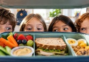 Boîte à lunch équilibrée pour enfants avec fruits, légumes, grains entiers et aliments protéinés