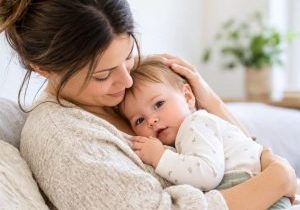 Maman réconfortant son bébé présentant des inconforts digestifs