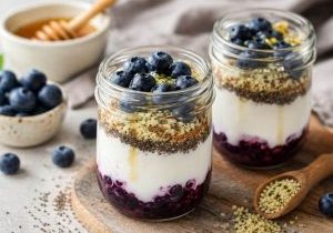 Parfait de yogourt aux bleuets, chia, chanvre et caméline